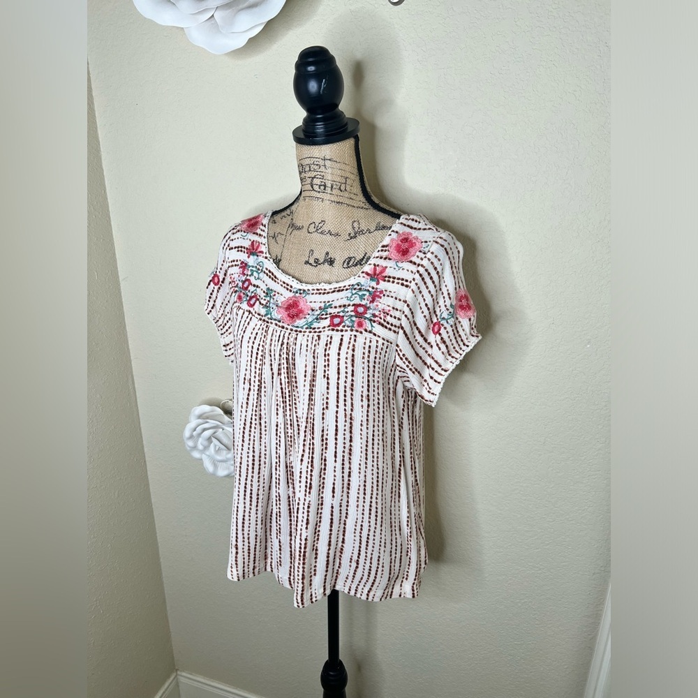 NTM: Savanna Jane Dot Striped Floral Embroidered Peasant Blouse Sz Large - Picture 5 of 15